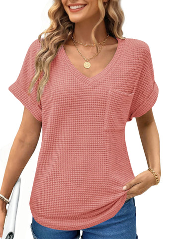 UVN Womens Summer Tops Short Sleeve V Neck Blouses Ladies Casual Waffle Knit Trendy Tunic Shirts