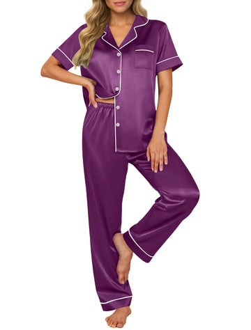 UVN Pajamas Sets for Women Short Sleeve Button Down Tops And Pants Sleepwear Soft Silk Satin Pjs Loungewear 2 Piece Outfit