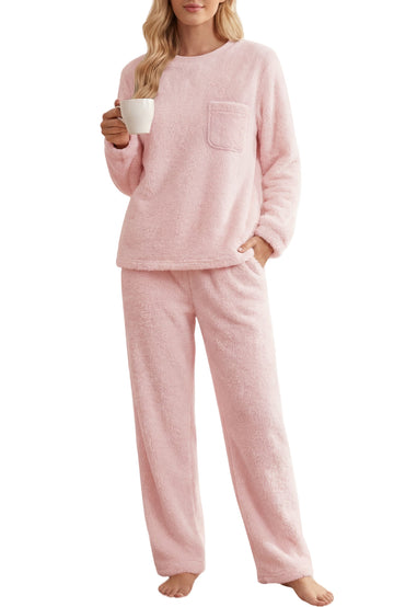 UVN Fluffy Pajamas Set for Women Winter Fleece Long Sleeve Tops and Pants 2 Piece Outfits Soft Plush Pjs Sleepwear Loungewear with Pockets