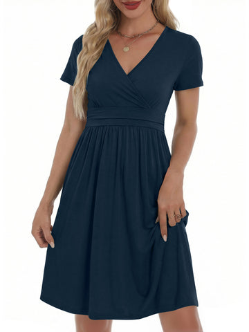 UVN Dresses for Women Deep V Neck Short Sleeve Summer Sundress Midi Party dress with Pocket