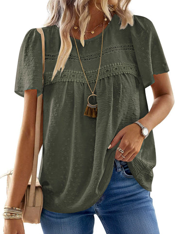 UVN Summer Womens Chiffon Blouses Short Sleeve Crew Neck Shirts for Women Boho Lace Casual Tops