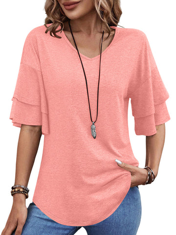 UVN Blouses for Women V Neck Half Bell Sleeve Shirts Summer Ladies Casual Flowy Tunic Tops