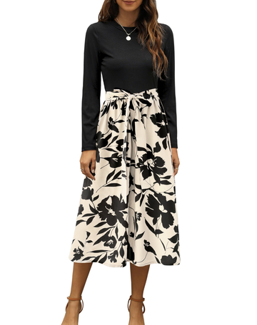 UVN Fall Dresses for Women Long Sleeve Crewneck Ribbed Casual Dress Ladies Floral Print Midi Dresses with Pockets
