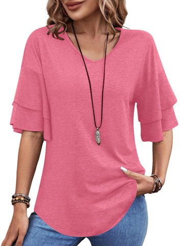 UVN Blouses for Women V Neck Half Bell Sleeve Shirts Summer Ladies Casual Flowy Tunic Tops