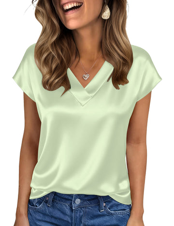 UVN Women Tops Summer Cap Short Sleeve Blouses Ladies V Neck Silk Satin Business Casual Shirts