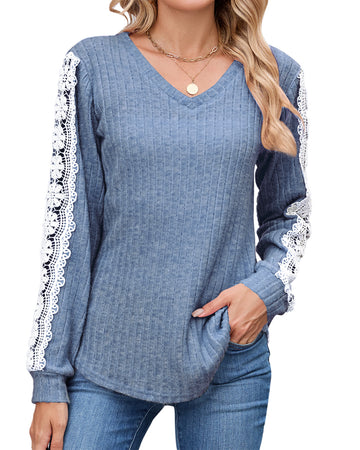 UVN Long Sleeve Shirts for Women Fall V Neck Lace Blouses Casual Dressy Tunic Pullover Sweaters Tops