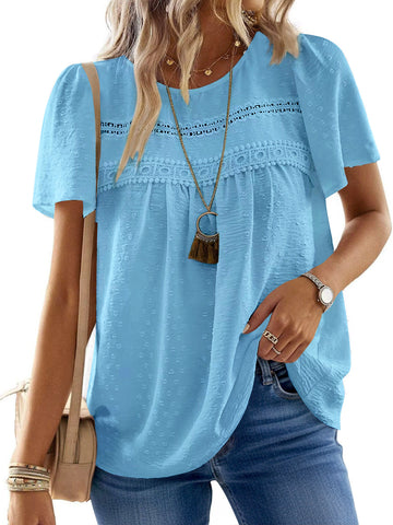 UVN Summer Womens Chiffon Blouses Short Sleeve Crew Neck Shirts for Women Boho Lace Casual Tops