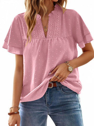 UVN V Neck Shirts for women Summer Lace Butterfly Sleeve Blouses Ladies Casual Flowy Crochet Tops