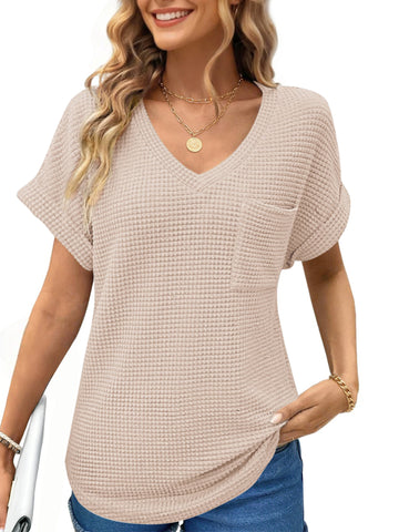 UVN Womens Summer Tops Short Sleeve V Neck Blouses Ladies Casual Waffle Knit Trendy Tunic Shirts