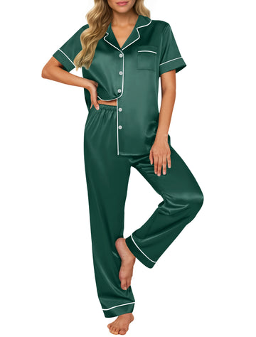 UVN Pajamas Sets for Women Short Sleeve Button Down Tops And Pants Sleepwear Soft Silk Satin Pjs Loungewear 2 Piece Outfit