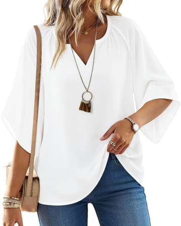 UVN Womens Summer Blouses Bohemian 3/4 Bell Sleeve Shirts for Women V Neck Flowy Casual Pleated Tops