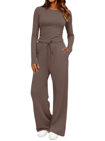 UVN Winter Womens 2 Piece Outfit Sets Ruched Long Sleeve Top and Wide Leg Pants with Pockets Casual Loungewear for Women Workout Sets