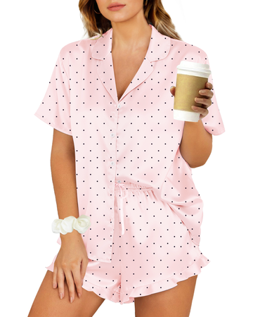 UVN Pajamas Sets for Women Short Sleeve Button Down Tops and Ruffle Shorts 2 Piece Outfit Satin Silk Pjs Sleepwear Loungewear