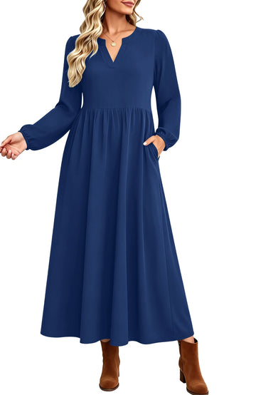 UVN Fall Dresses for Women Long Sleeve V Neck Long Dress Casual Loose Flowy Swing Vacation Dress with Pockets