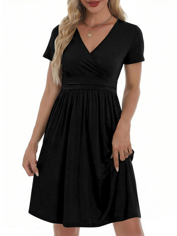 UVN Dresses for Women Deep V Neck Short Sleeve Summer Sundress Midi Party dress with Pocket