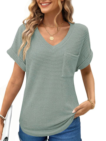 UVN Womens Summer Tops Short Sleeve V Neck Blouses Ladies Casual Waffle Knit Trendy Tunic Shirts