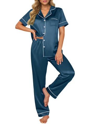 UVN Pajamas Sets for Women Short Sleeve Button Down Tops And Pants Sleepwear Soft Silk Satin Pjs Loungewear 2 Piece Outfit