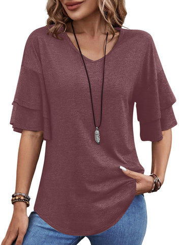 UVN Blouses for Women V Neck Half Bell Sleeve Shirts Summer Ladies Casual Flowy Tunic Tops