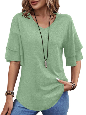 UVN Blouses for Women V Neck Half Bell Sleeve Shirts Summer Ladies Casual Flowy Tunic Tops