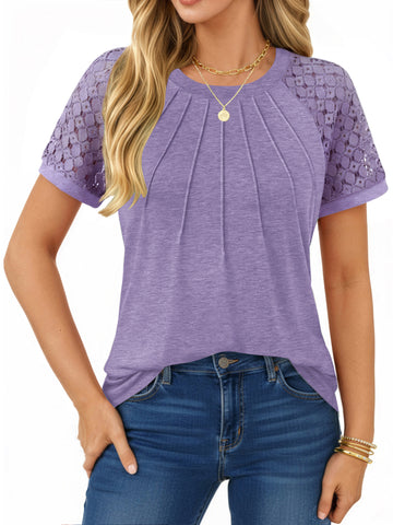 UVN Blouses for Women Short Sleeve Lace Tops Summer Casual Crewneck Pleated Shirts