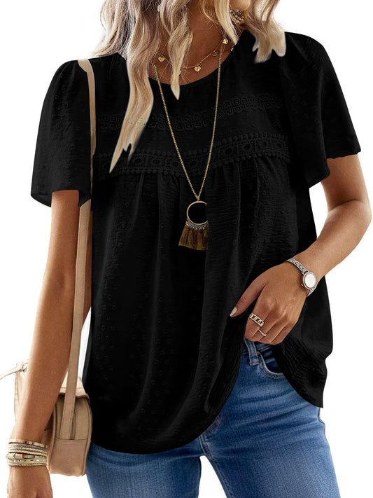 UVN Summer Womens Chiffon Blouses Short Sleeve Crew Neck Shirts for Women Boho Lace Casual Tops