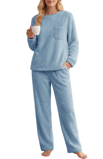UVN Fluffy Pajamas Set for Women Winter Fleece Long Sleeve Tops and Pants 2 Piece Outfits Soft Plush Pjs Sleepwear Loungewear with Pockets