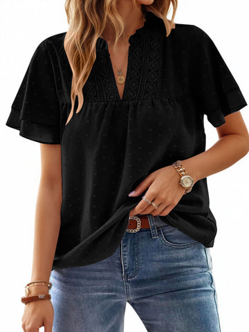 UVN V Neck Shirts for women Summer Lace Butterfly Sleeve Blouses Ladies Casual Flowy Crochet Tops