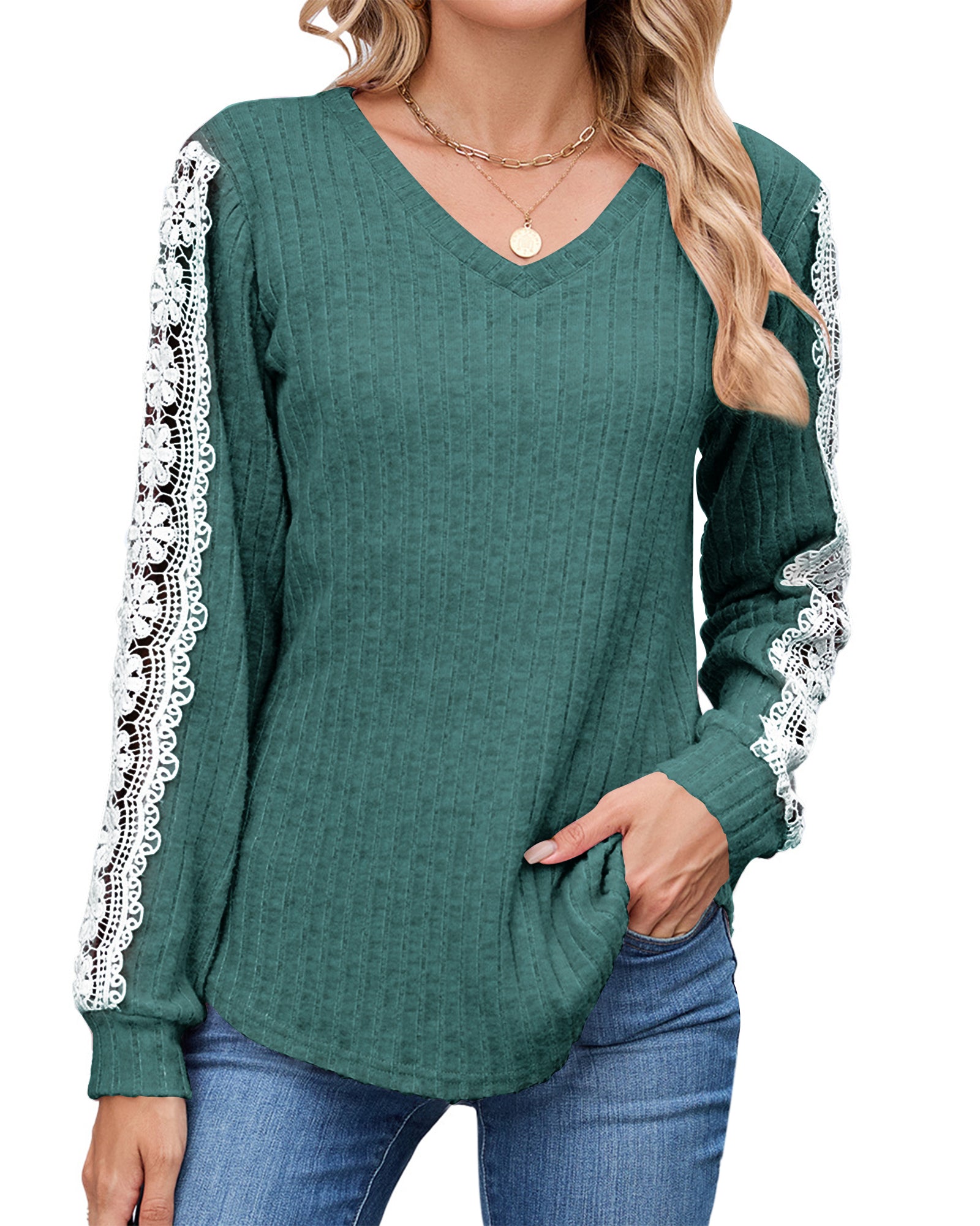 UVN Long Sleeve Shirts for Women Fall V Neck Lace Blouses Casual Dressy Tunic Pullover Sweaters Tops