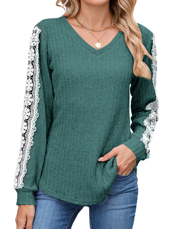 UVN Long Sleeve Shirts for Women Fall V Neck Lace Blouses Casual Dressy Tunic Pullover Sweaters Tops