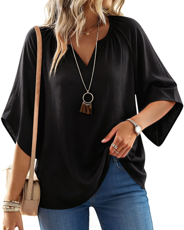 UVN Womens Summer Blouses Bohemian 3/4 Bell Sleeve Shirts for Women V Neck Flowy Casual Pleated Tops