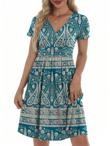 UVN Dresses for Women Deep V Neck Short Sleeve Summer Sundress Midi Party dress with Pocket