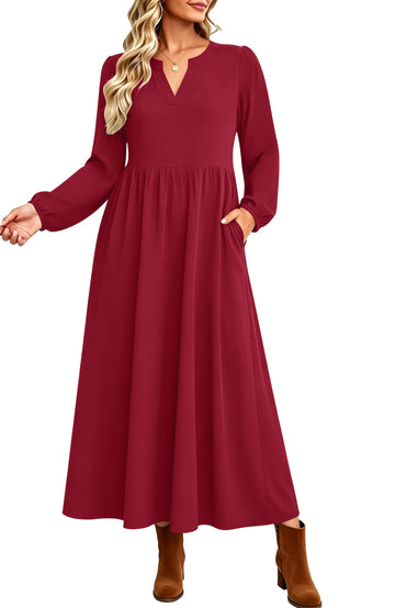 UVN Fall Dresses for Women Long Sleeve V Neck Long Dress Casual Loose Flowy Swing Vacation Dress with Pockets