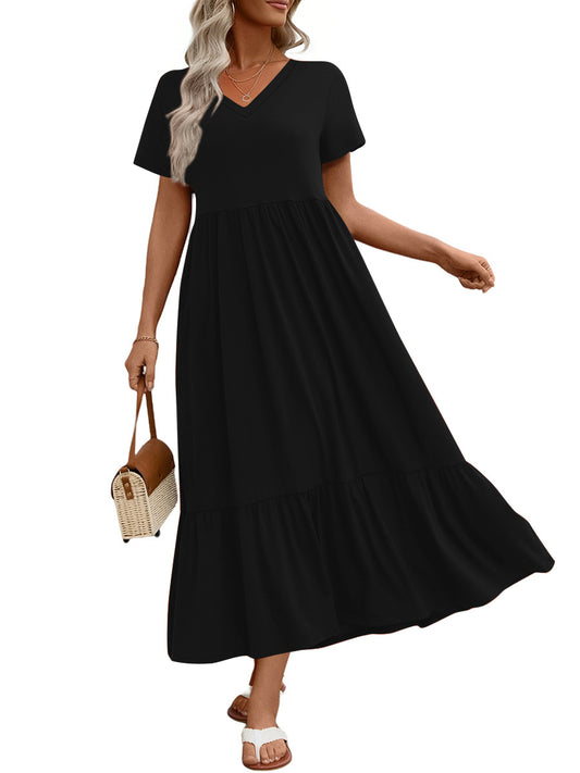 UVN Long Dresses for Women Summer Short Sleeve Casual V Neck Maxi Dress with Pockets