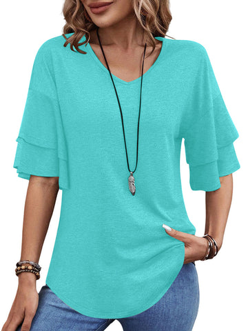 UVN Blouses for Women V Neck Half Bell Sleeve Shirts Summer Ladies Casual Flowy Tunic Tops