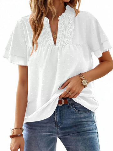 UVN V Neck Shirts for women Summer Lace Butterfly Sleeve Blouses Ladies Casual Flowy Crochet Tops