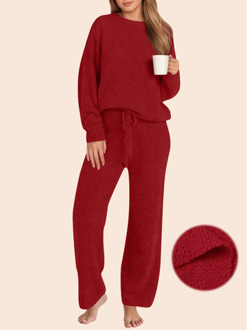 UVN Winter Pajama for Women Sweater Set Ladies Crewneck Tops and Long Pants Warm 2 Piece Loungewear