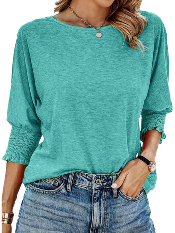 UVN Crewneck Blouse for Women Summer 3/4 Sleeve T-Shirts Casual Tees Ladies Loose Tops