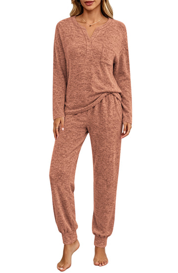 UVN Pajamas Sets for Women Long Sleeve Henley Neck Tops and Pants Two Piece Outfits Fall Winter Casual Sleepwear Pjs Lounge Sets