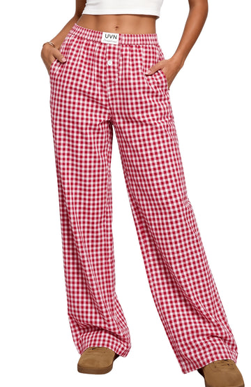 UVN Pants for Women Gingham Wide Leg Casual Lounge Bottoms Ladies Trousers with Pocket