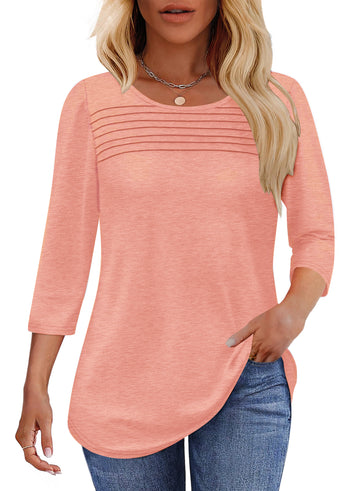 UVN Women Tunic Tops Summer 3/4 Length Sleeve Blouses Casual Crewneck Shirt Pleated Loose Tops