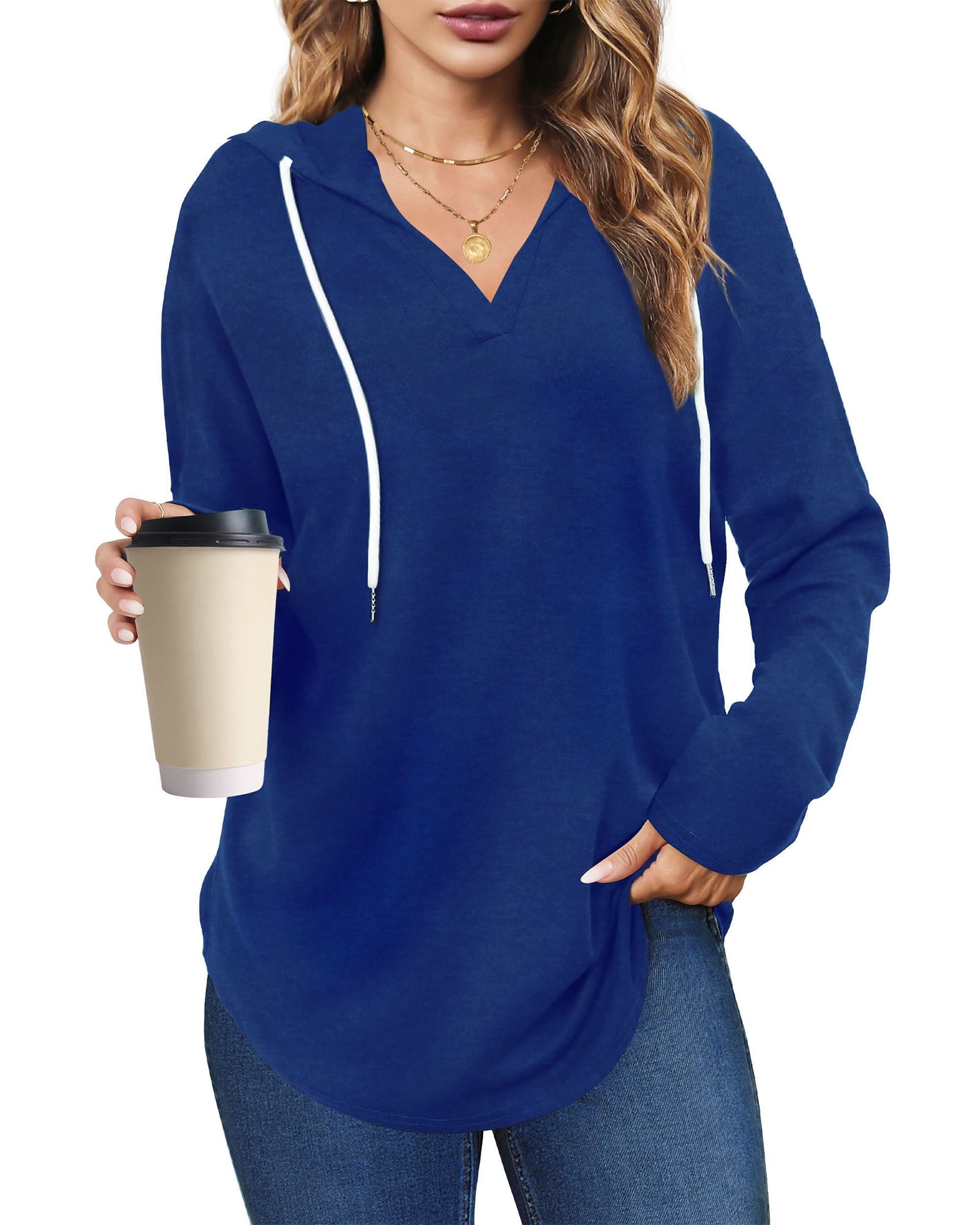 UVN Fall Hoodies for Women Long Sleeve V Neck Hooded Sweatshirts Ladies Loose Casual Drawstring Pullover Tops