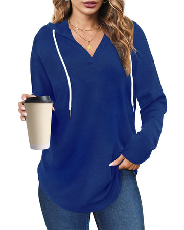 UVN Fall Hoodies for Women Long Sleeve V Neck Hooded Sweatshirts Ladies Loose Casual Drawstring Pullover Tops