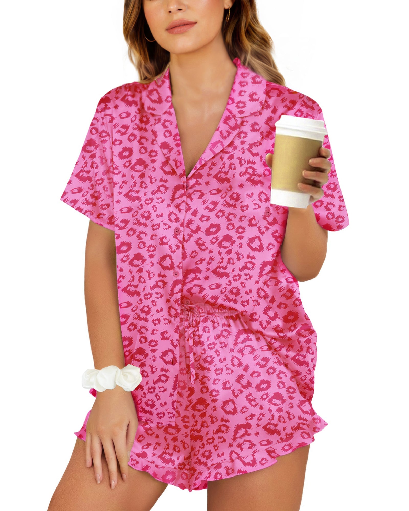 UVN Pajamas Sets for Women Short Sleeve Button Down Tops and Ruffle Shorts 2 Piece Outfit Satin Silk Pjs Sleepwear Loungewear