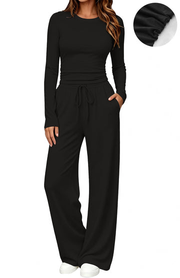 UVN Winter Womens 2 Piece Outfit Sets Ruched Long Sleeve Top and Wide Leg Pants Casual Loungewear Ladies Workout Sets