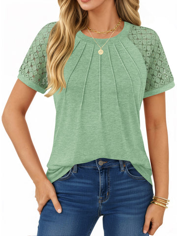 UVN Blouses for Women Short Sleeve Lace Tops Summer Casual Crewneck Pleated Shirts