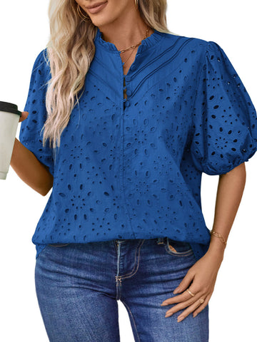 UVN Summer Blouses for Women Short Sleeve Shirts Ladies Hollow Out Lace Blouse V Neck Dressy Casual Tops