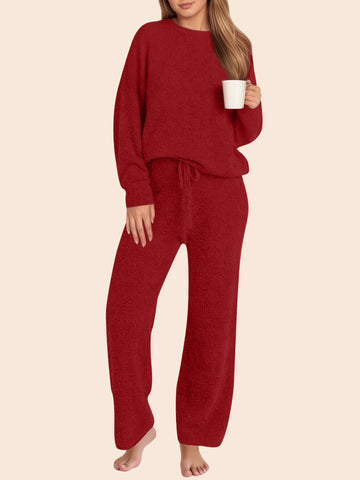 UVN Winter Pajama for Women Sweater Set Ladies Crewneck Tops and Long Pants Warm 2 Piece Loungewear