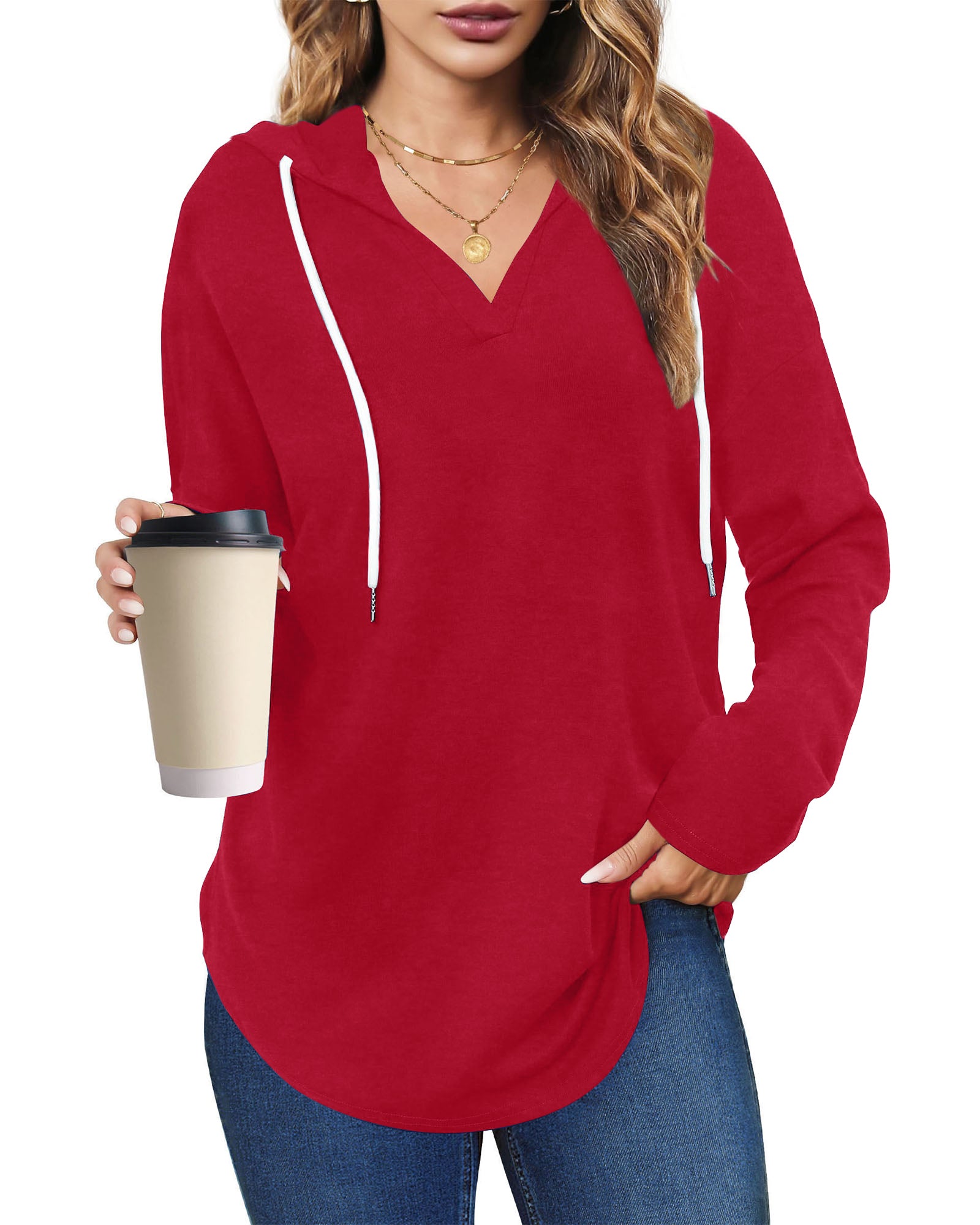 UVN Fall Hoodies for Women Long Sleeve V Neck Hooded Sweatshirts Ladies Loose Casual Drawstring Pullover Tops