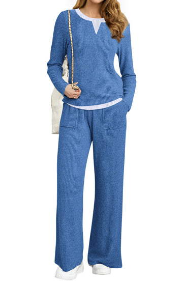 UVN Fall Matching Set for Women Color Block Tops and Wide Leg Pants Ladies Sweatsuit Casual 2 Peice Set