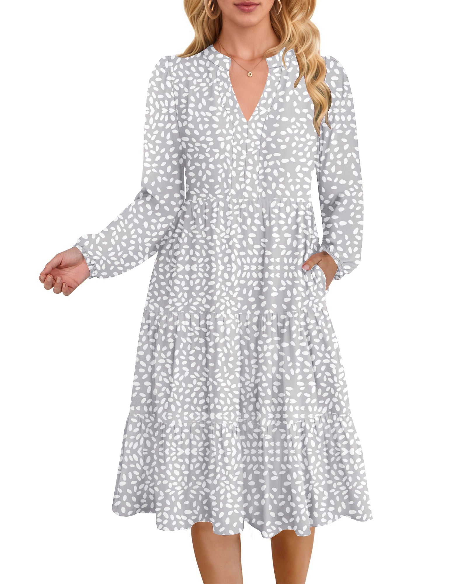 UVN Fall Dresses for Women Long Sleeve V Neck Midi Dress Casual Loose Flowy Swing Tiered Dress with Pockets